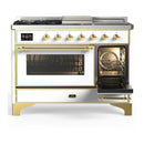 ILVE Majestic III 48-inch Dual Fuel Range with 5 Natural Gas Burner, Griddle, French Top and Triple Glass Door Electric Oven in White with Brass Trim (UM48FSNR3WHG)