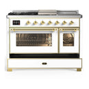 ILVE Majestic III 48-inch Dual Fuel Range with 5 Natural Gas Burner, Griddle, French Top and Triple Glass Door Electric Oven in White with Brass Trim (UM48FSNR3WHG)