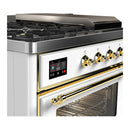 ILVE Majestic III 48-inch Dual Fuel Range with 5 Natural Gas Burner, Griddle, French Top and Triple Glass Door Electric Oven in White with Brass Trim (UM48FSNR3WHG)