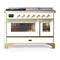 ILVE Majestic III 48-inch Dual Fuel Range with 5 Natural Gas Burner, Griddle, French Top and Triple Glass Door Electric Oven in White with Brass Trim (UM48FSNR3WHG)