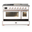 ILVE Majestic III 48-inch Dual Fuel Range with 5 Natural Gas Burner, Griddle, French Top and Triple Glass Door Electric Oven in White with Copper Trim (UM48FSNR3WHP)