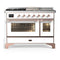 ILVE Majestic III 48-inch Dual Fuel Range with 5 Natural Gas Burner, Griddle, French Top and Triple Glass Door Electric Oven in White with Copper Trim (UM48FSNR3WHP)