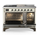 ILVE Majestic III 48-inch Dual Fuel Range with 5 Natural Gas Burner, Griddle, French Top and Solid Door Electric Oven in Antique White with Burnished Trim (UM48FSQNR3AWB)