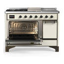 ILVE Majestic III 48-inch Dual Fuel Range with 5 Natural Gas Burner, Griddle, French Top and Solid Door Electric Oven in Antique White with Burnished Trim (UM48FSQNR3AWB)