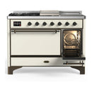 ILVE Majestic III 48-inch Dual Fuel Range with 5 Natural Gas Burner, Griddle, French Top and Solid Door Electric Oven in Antique White with Burnished Trim (UM48FSQNR3AWB)