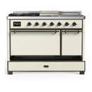 ILVE Majestic III 48-inch Dual Fuel Range with 5 Natural Gas Burner, Griddle, French Top and Solid Door Electric Oven in Antique White with Burnished Trim (UM48FSQNR3AWB)