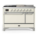 ILVE Majestic III 48-inch Dual Fuel Range with 5 Natural Gas Burner, Griddle, French Top and Solid Door Electric Oven in Antique White with Chrome Trim (UM48FSQNR3AWC)