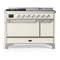 ILVE Majestic III 48-inch Dual Fuel Range with 5 Natural Gas Burner, Griddle, French Top and Solid Door Electric Oven in Antique White with Chrome Trim (UM48FSQNR3AWC)
