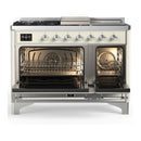 ILVE Majestic III 48-inch Dual Fuel Range with 5 Natural Gas Burner, Griddle, French Top and Solid Door Electric Oven in Antique White with Chrome Trim (UM48FSQNR3AWC)