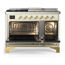 ILVE Majestic III 48-inch Dual Fuel Range with 5 Natural Gas Burner, Griddle, French Top and Solid Door Electric Oven in Antique White with Brass Trim (UM48FSQNR3AWG)