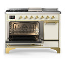 ILVE Majestic III 48-inch Dual Fuel Range with 5 Natural Gas Burner, Griddle, French Top and Solid Door Electric Oven in Antique White with Brass Trim (UM48FSQNR3AWG)