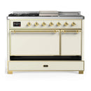 ILVE Majestic III 48-inch Dual Fuel Range with 5 Liquid Propane Burner, Griddle, French Top and Solid Door Electric Oven in Antique White with Brass Trim (UM48FSQNR3AWGLP)