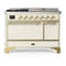 ILVE Majestic III 48-inch Dual Fuel Range with 5 Liquid Propane Burner, Griddle, French Top and Solid Door Electric Oven in Antique White with Brass Trim (UM48FSQNR3AWGLP)