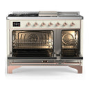 ILVE Majestic III 48-inch Dual Fuel Range with 5 Natural Gas Burner, Griddle, French Top and Solid Door Electric Oven in Antique White with Copper Trim (UM48FSQNR3AWP)