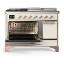 ILVE Majestic III 48-inch Dual Fuel Range with 5 Natural Gas Burner, Griddle, French Top and Solid Door Electric Oven in Antique White with Copper Trim (UM48FSQNR3AWP)