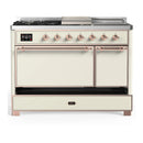 ILVE Majestic III 48-inch Dual Fuel Range with 5 Natural Gas Burner, Griddle, French Top and Solid Door Electric Oven in Antique White with Copper Trim (UM48FSQNR3AWP)