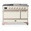 ILVE Majestic III 48-inch Dual Fuel Range with 5 Natural Gas Burner, Griddle, French Top and Solid Door Electric Oven in Antique White with Copper Trim (UM48FSQNR3AWP)
