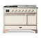 ILVE Majestic III 48-inch Dual Fuel Range with 5 Natural Gas Burner, Griddle, French Top and Solid Door Electric Oven in Antique White with Copper Trim (UM48FSQNR3AWP)