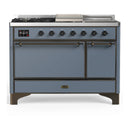 ILVE Majestic III 48-inch Dual Fuel Range with 5 Natural Gas Burner, Griddle, French Top and Solid Door Electric Oven in Blue Grey with Burnished Trim (UM48FSQNR3BGB)
