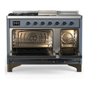 ILVE Majestic III 48-inch Dual Fuel Range with 5 Natural Gas Burner, Griddle, French Top and Solid Door Electric Oven in Blue Grey with Burnished Trim (UM48FSQNR3BGB)
