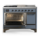 ILVE Majestic III 48-inch Dual Fuel Range with 5 Liquid Propane Burner, Griddle, French Top and Solid Door Electric Oven in Blue Grey with Burnished Trim (UM48FSQNR3BGBLP)
