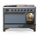 ILVE Majestic III 48-inch Dual Fuel Range with 5 Natural Gas Burner, Griddle, French Top and Solid Door Electric Oven in Blue Grey with Burnished Trim (UM48FSQNR3BGB)