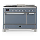 ILVE Majestic III 48-inch Dual Fuel Range with 5 Liquid Propane Burner, Griddle, French Top and Solid Door Electric Oven in Blue Grey with Chrome Trim (UM48FSQNR3BGCLP)