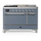 ILVE Majestic III 48-inch Dual Fuel Range with 5 Liquid Propane Burner, Griddle, French Top and Solid Door Electric Oven in Blue Grey with Chrome Trim (UM48FSQNR3BGCLP)