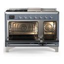 ILVE Majestic III 48-inch Dual Fuel Range with 5 Natural Gas Burner, Griddle, French Top and Solid Door Electric Oven in Blue Grey with Chrome Trim (UM48FSQNR3BGC)
