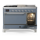 ILVE Majestic III 48-inch Dual Fuel Range with 5 Natural Gas Burner, Griddle, French Top and Solid Door Electric Oven in Blue Grey with Chrome Trim (UM48FSQNR3BGC)
