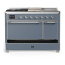 ILVE Majestic III 48-inch Dual Fuel Range with 5 Natural Gas Burner, Griddle, French Top and Solid Door Electric Oven in Blue Grey with Chrome Trim (UM48FSQNR3BGC)