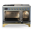 ILVE Majestic III 48-inch Dual Fuel Range with 5 Liquid Propane Burner, Griddle, French Top and Solid Door Electric Oven in Blue Grey with Brass Trim (UM48FSQNR3BGGLP)