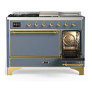 ILVE Majestic III 48-inch Dual Fuel Range with 5 Natural Gas Burner, Griddle, French Top and Solid Door Electric Oven in Blue Grey with Brass Trim (UM48FSQNR3BGG)