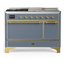 ILVE Majestic III 48-inch Dual Fuel Range with 5 Liquid Propane Burner, Griddle, French Top and Solid Door Electric Oven in Blue Grey with Brass Trim (UM48FSQNR3BGGLP)