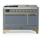 ILVE Majestic III 48-inch Dual Fuel Range with 5 Liquid Propane Burner, Griddle, French Top and Solid Door Electric Oven in Blue Grey with Brass Trim (UM48FSQNR3BGGLP)