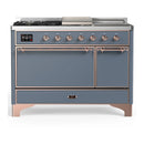 ILVE Majestic III 48-inch Dual Fuel Range with 5 Natural Gas Burner, Griddle, French Top and Solid Door Electric Oven in Blue Grey with Copper Trim (UM48FSQNR3BGP)