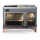 ILVE Majestic III 48-inch Dual Fuel Range with 5 Natural Gas Burner, Griddle, French Top and Solid Door Electric Oven in Blue Grey with Copper Trim (UM48FSQNR3BGP)