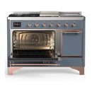 ILVE Majestic III 48-inch Dual Fuel Range with 5 Natural Gas Burner, Griddle, French Top and Solid Door Electric Oven in Blue Grey with Copper Trim (UM48FSQNR3BGP)