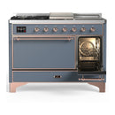 ILVE Majestic III 48-inch Dual Fuel Range with 5 Natural Gas Burner, Griddle, French Top and Solid Door Electric Oven in Blue Grey with Copper Trim (UM48FSQNR3BGP)