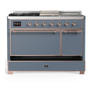 ILVE Majestic III 48-inch Dual Fuel Range with 5 Natural Gas Burner, Griddle, French Top and Solid Door Electric Oven in Blue Grey with Copper Trim (UM48FSQNR3BGP)