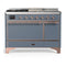 ILVE Majestic III 48-inch Dual Fuel Range with 5 Natural Gas Burner, Griddle, French Top and Solid Door Electric Oven in Blue Grey with Copper Trim (UM48FSQNR3BGP)