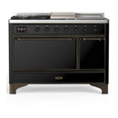 ILVE Majestic III 48-inch Dual Fuel Range with 5 Natural Gas Burner, Griddle, French Top and Solid Door Electric Oven in Glossy Black with Burnished Trim (UM48FSQNR3BKB)