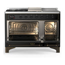 ILVE Majestic III 48-inch Dual Fuel Range with 5 Liquid Propane Burner, Griddle, French Top and Solid Door Electric Oven in Glossy Black with Burnished Trim (UM48FSQNR3BKBLP)