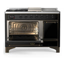 ILVE Majestic III 48-inch Dual Fuel Range with 5 Liquid Propane Burner, Griddle, French Top and Solid Door Electric Oven in Glossy Black with Burnished Trim (UM48FSQNR3BKBLP)