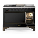 ILVE Majestic III 48-inch Dual Fuel Range with 5 Natural Gas Burner, Griddle, French Top and Solid Door Electric Oven in Glossy Black with Burnished Trim (UM48FSQNR3BKB)