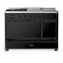 ILVE Majestic III 48-inch Dual Fuel Range with 5 Natural Gas Burner, Griddle, French Top and Solid Door Electric Oven in Glossy Black with Burnished Trim (UM48FSQNR3BKB)