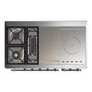 ILVE Majestic III 48-inch Dual Fuel Range with 5 Natural Gas Burner, Griddle, French Top and Solid Door Electric Oven in Glossy Black with Burnished Trim (UM48FSQNR3BKB)
