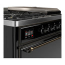 ILVE Majestic III 48-inch Dual Fuel Range with 5 Liquid Propane Burner, Griddle, French Top and Solid Door Electric Oven in Glossy Black with Burnished Trim (UM48FSQNR3BKBLP)