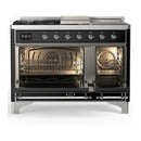 ILVE Majestic III 48-inch Dual Fuel Range with 5 Liquid Propane Burner, Griddle, French Top and Solid Door Electric Oven in Glossy Black with Chrome Trim (UM48FSQNR3BKCLP)