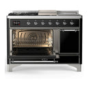ILVE Majestic III 48-inch Dual Fuel Range with 5 Liquid Propane Burner, Griddle, French Top and Solid Door Electric Oven in Glossy Black with Chrome Trim (UM48FSQNR3BKCLP)